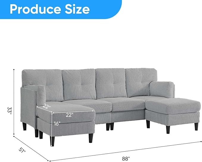 Mjkone Sectional Couch Sofa with Ottoman U Shape Sofa for Living Room Corduroy Convertrible Couches with Double Chaises 6 Seater Sofas for Living Room/Home Office/Guest (Light Grey)