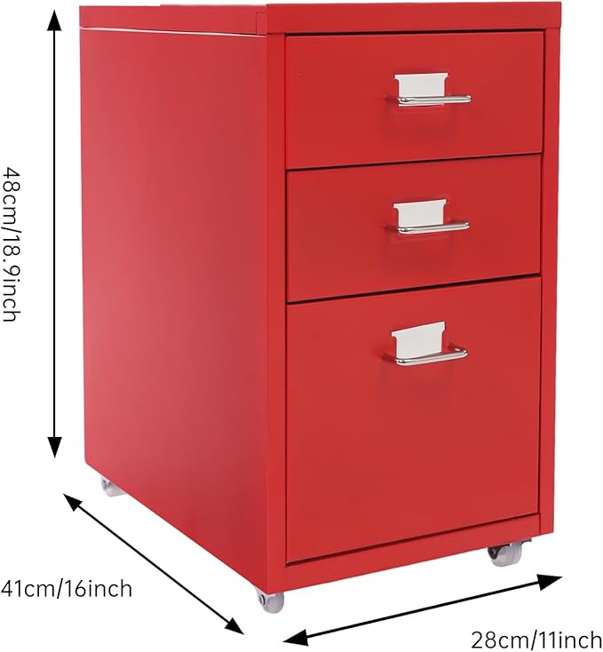 File Cabinet 3 Drawer Filing Cabinet with Wheels Metal Under Desk Storage Cabinet for Home Office Commercial Hanging File Folders Organizer for Letter/A4 Size(Red)