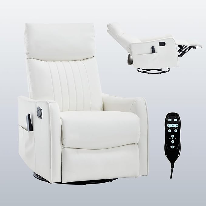 High Back Massage Recliner with Heat - Swivel Rocking Chair for Small Spaces Manual Lazy Boy Recliner for Adults Perfect for Living Room &amp Bedroom Soft Fabric (White)