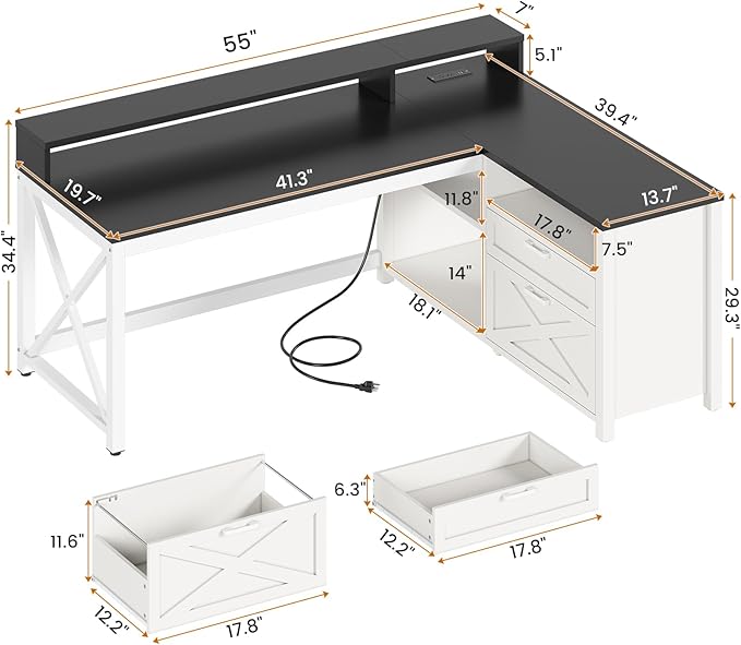 SEDETA Corner Computer Desk 55 L Shaped Gaming Desk with Storage Drawers and Power Outlet Farmhouse Corner Gaming Desk with Storage Shelves and LED Lights for Home Office Black