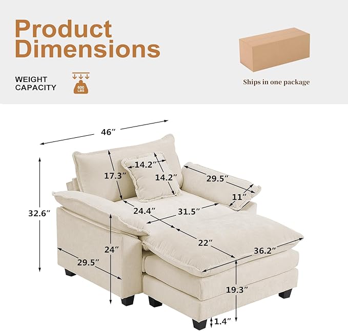 Furniliving 46‘’ Oversized Chair with Ottoman Luxury Chenille Single Sofa Upholstered Deep Seat Chaise Lounge with Pillows for Living Room Bedroom Apartment Beige