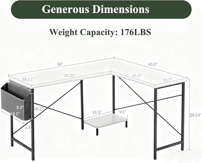 L-Shaped Home Office Computer Desk Gaming Desk with CPU Stand Shelf and Hanging Storage Pocket Corner Student Study Writing Table Sturdy Metal Frame 43.3 D x 50 W Classic White