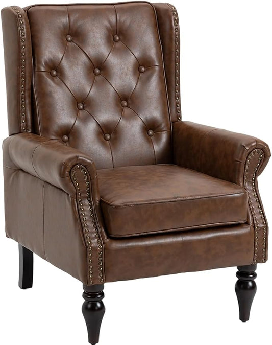 Mid-Century Wingback Chair PU Leather Accent Chair Armchair with ButtonsModern Living Room Chairs with Rivet DecorationLeisure Single Sofa Chair for BedroomClubHome Reception (PU Brown)