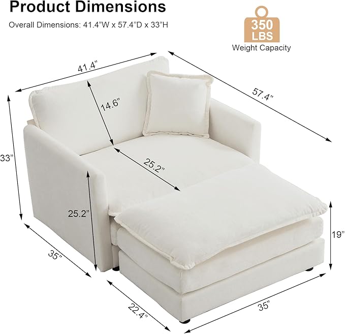 KIVENJAJA 41.4”W Oversized Sofa Chair with Ottoman Modern Chenille Deep Seat Single Couch Armchair Comfy Chaise Lounge Indoor with Pillow for Living Room Bedroom Apartment Beige