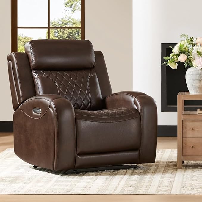 CHITA Genuine Leather Recliner Chair for Adults with Adjustable Power Headrest Lay Flat Power Recliner with Slide-Out Cupholders &amp USB/Type-C Ports Living Room Chair Brown