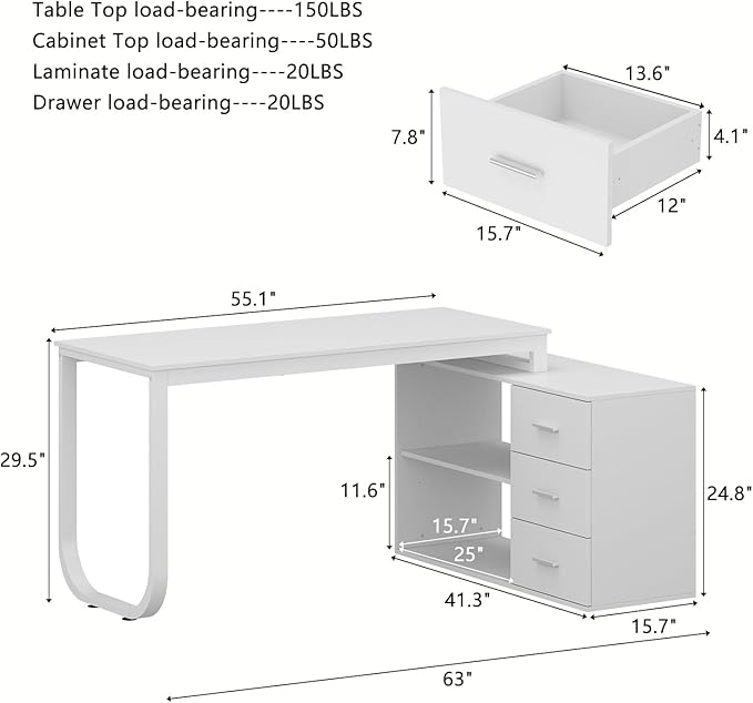 WOODTIME White L Shaped Office Desk with 3 Drawers &amp 2 Shelves 55 Inch Reversible Corner Computer Desk Home Office Executive Writing Sturdy Desk with Metal Legs