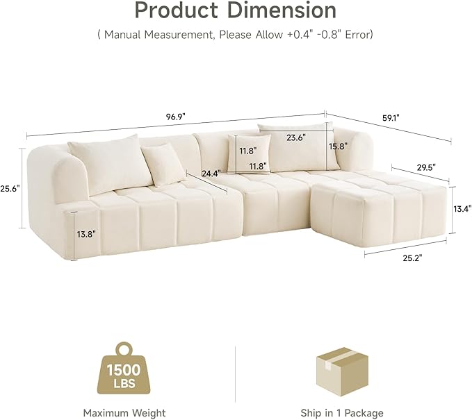 ONBRILL 97” Modular Sectional Sofa with Deep Seat Cloud Sectional Couch with L-Shape ChaiseChenille Upholstered Couches for Living Room Bedroom ApartmentsNo Assembly Required
