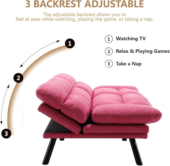 70“Futon Sofa BedConvertible Folding Futon Couch Breathable Small CouchUpholstered Double Loveseat Bed for Compact Living Studio in Room and BedroomOfficesFamilyDorm (Rose Red Linen)