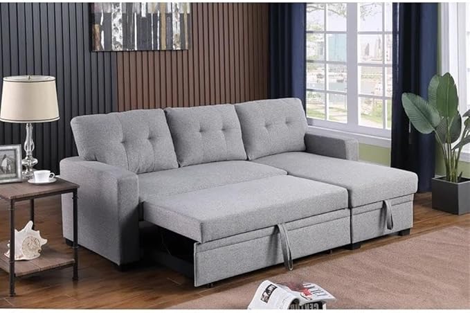 Devion Furniture L-Shaped Polyester Fabric Reversible Easy Convertible Pull-Out Sleeper Sectional Sofa/Storage Chaise with Tufted Back Cushions and Track Arms in Light Gray