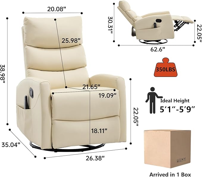 PELUMY 360° Swivel Rocker Recliner with Heat &amp Vibration Massage Glider Rocking Chair for Adults Compact Recliner for Living Room Small Spaces Nursery Bedroom (Breathable Leather Creamy Beig