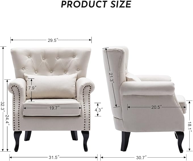 Accent Reading Arm Chairs for Living Room Bedroom Midcentury Modern Comfy Corner Sofa Chair Wingback Waiting Room Club Chair with Button Tufted Back &ampLumbar Pillow Linen Beige