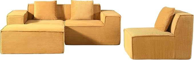 Harper Convertible Corduroy Sectional Couch with Ottoman &amp Pillows Modular L Shaped Sleeper Sofa Boneless Cloud Couch for Living Room Furniture Ginger Yellow