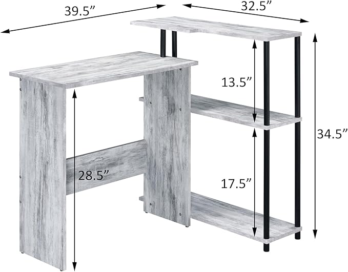 Antique White and Black L-Shape Office Desk with Bookshelf