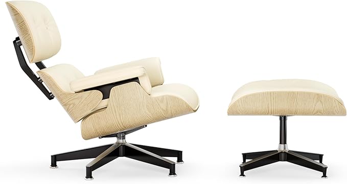 Top Cream White Grain Leather Mid Century Chaise Lounge Chair and Ottoman Modern Chair Classic Design Ash Wood Heavy Duty Base Support for Living Room Office