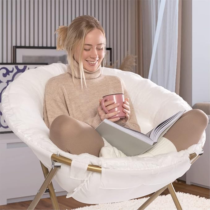 Milliard Saucer Chair For Adults Teens &amp Kids White Faux Fur XL Circle Chair for Bedroom Dorm &amp Gaming Foldable Comfy Accent Seat for Small Spaces Folding Moon / Mushroom / Round Oversiz