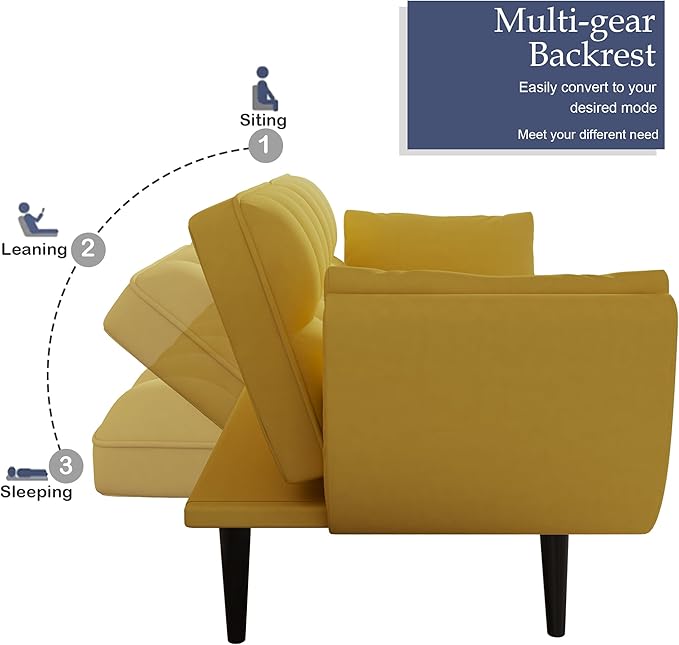 Olela Futon Sofa Bed Convertible Sleeper Couch 74 W Modern Velvet Loveseat with Adjustable Backrests and Solid Wood Legs for Living Room Bedroom Small Space (Yellow)