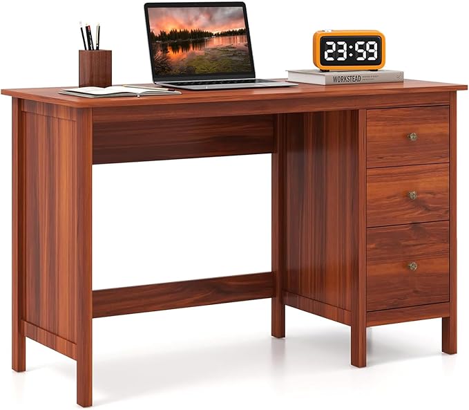 POWERSTONE 48 Inch Computer Desk with 3 Drawers Storage Computer Desk for Home Office Bedroom Large Study Writing Desk Home Office Desks Workstation (Red Brown)