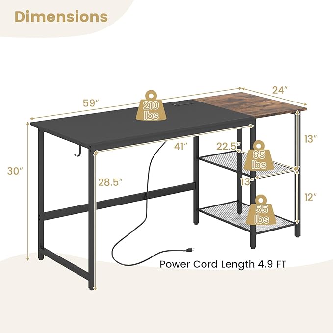 GOFLAME 59” Computer Desk Modern Simple Study Writing Desk with Built-in Power Outlet Removable Shelf &amp Side Headphone Hook Home Office Laptop PC Desk Gaming Table Workstation (Black)