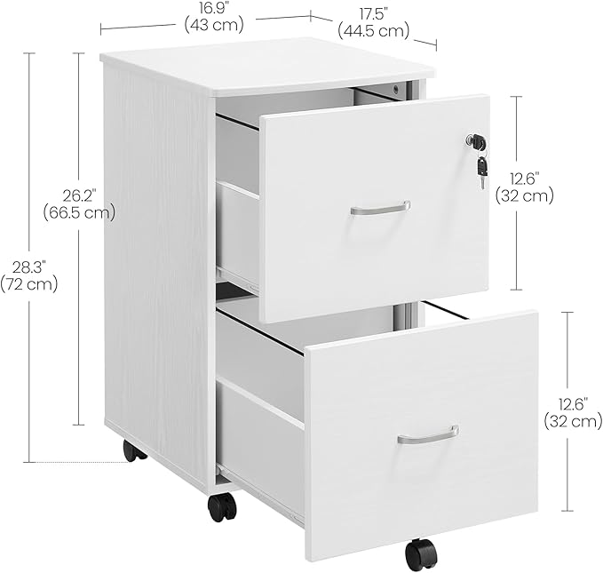 VASAGLE 2-Drawer File Cabinet Locking Filing Cabinet for Home Office Small Rolling Printer Stand A4 Letter-Size Hanging Files Assembly Required Snow White ULCD027T46V2