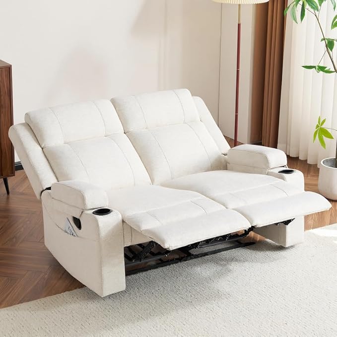 55 Loveseat Reclining Sofa with Cup Holders – Manual Double Reclining Sofa for Aprtment &amp Small Spaces Chenille Fabric Reclinig Couch with Wide Armrests &amp Side Storage for Livingroom Beige