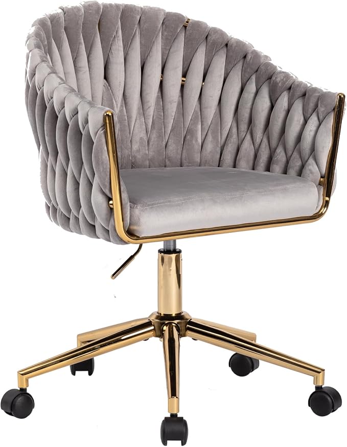 Velvet Office Chair with Hand Woven Back Vanity Desk Chairs with Golden Wheels Swivel Home Office Desk Chair Accent Makeup Desk Chair for Bedroom Living Room(Grey)