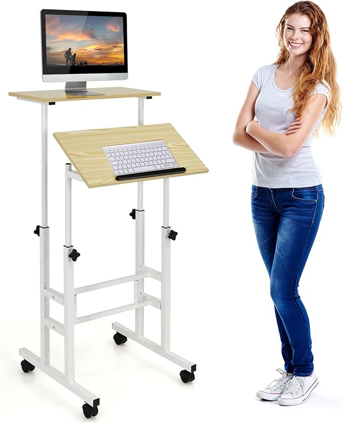 COSTWAY Mobile Standing Desk Height Adjustable Rolling Laptop Cart w/Tilting Desktop for Standing or Sitting Lockable Casters Home Office Computer Workstation for Small Spaces (Natural)