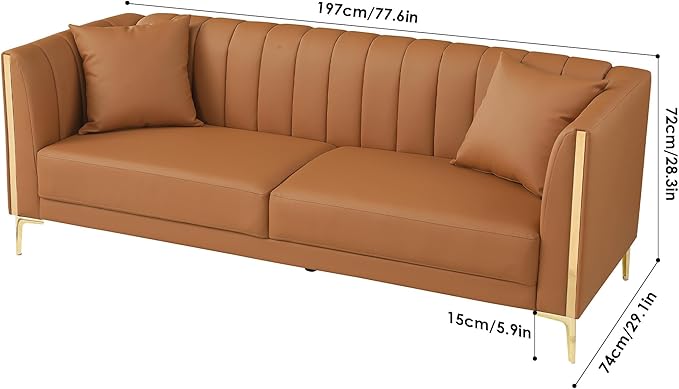 FOTOSOK Leather Couch Sofa Office Couches 78'' Apartment Faux Leather Sofa with 2 Throw Pillows &amp Gold Metal Legs Waterproof 3 Seater Couches for Small Living Room Affordable Luxury Design
