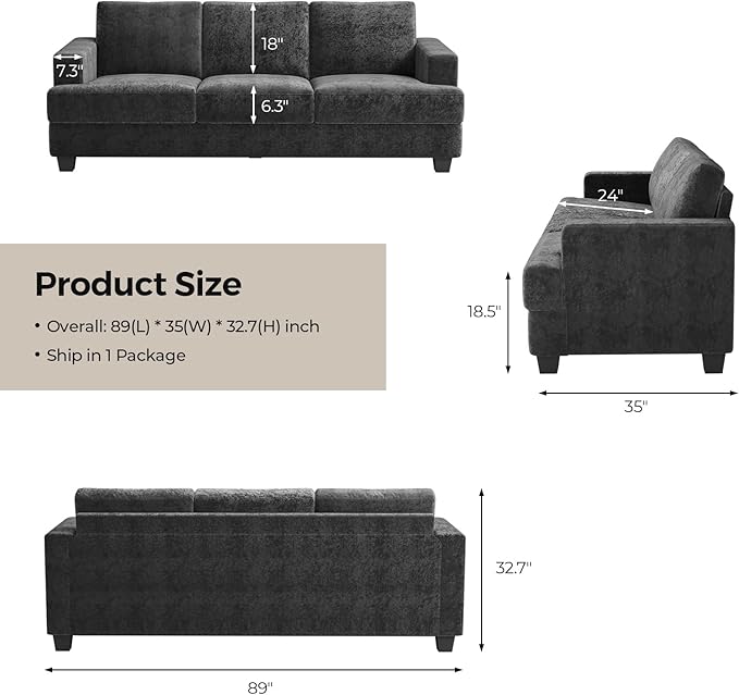 89 Inch Sofa with Extra Deep Seats Oversize3 Seater Sofa for Living Room Modern Couch and Sofa Comfy Armrests and Seats and Backrests Easy InstallationChenille Fabric Gray