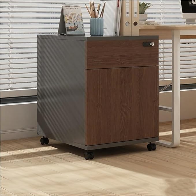 Mobile File Cabinet Under Desk 2-Tier Rolling Filing Cabinet with Lock Vertical Wood Locking Cabinet Storage Drawers for Home Office Living Room(Brown)