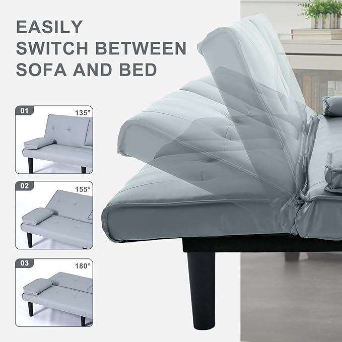 Futon Sofa Bed PU Leather Modern Convertible Futon Couch with Removable Armrests Cup Holders Loveseat Sleeper Sofa Bed for Living Room Apartment Small Spaces (Light Gray)