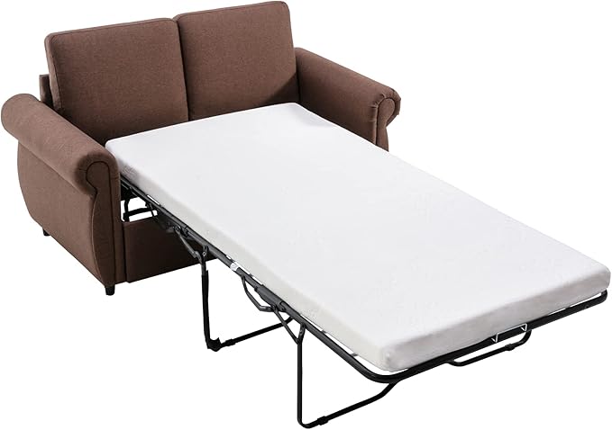 Pull Out Sofa Bed with Twin Size Memory Mattress 57.9 Linen Loveseat Sofa Sleeper Bed 2-in-1 Sleeper Sofa Bed Convertible Sofa for Living Room Small Spaces (Brown 072)