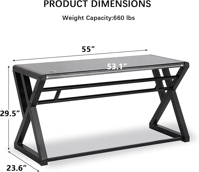 MANBUR Computer Desk Tempered Glass Computer Table Desk with Metal Frame Modern Simple Style Desk 55 in Study Writing Desk Workstation for Home Office (Black)