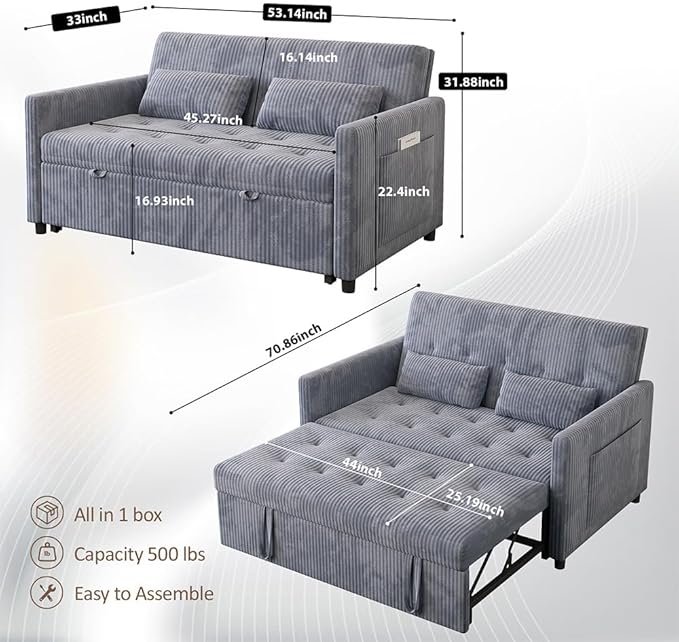 Sofa Bed Loveseat 3-in-1 Sleeper Sofa with Pull Out Bed Pockets and USB Modern 2 Seater Convertible Small Couch for Living Room Bedroom Apartment (Gray Corduroy)