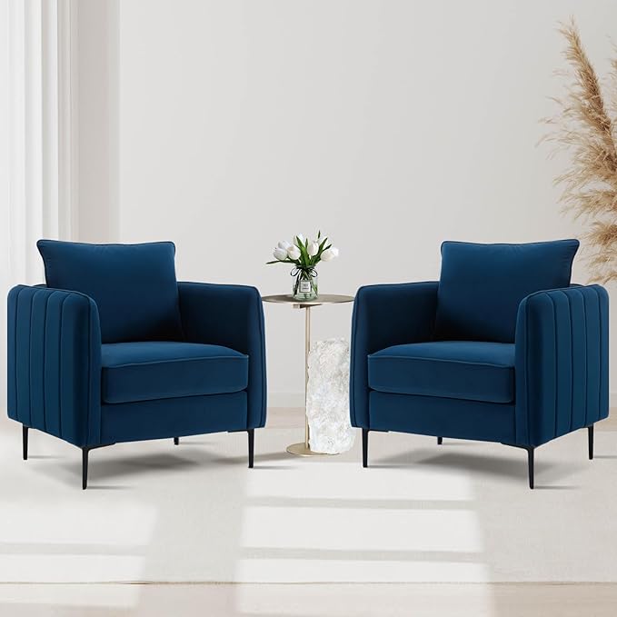 Velvet Accent Chair Mid Century Modern Single Arm Chair Comfy Living Room Reading Bedroom Lounge 6.3 Inch Upholstered Cushioned Black Metal Legs (Blue Sofa Chair Set of 2)
