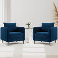 Velvet Accent Chair Mid Century Modern Single Arm Chair Comfy Living Room Reading Bedroom Lounge 6.3 Inch Upholstered Cushioned Black Metal Legs (Blue Sofa Chair Set of 2)