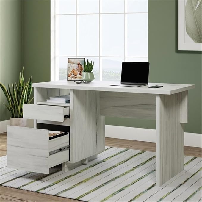Pemberly Row Engineered Wood Desk 52 in Wide Haze Acacia Natural Finish Single Pedestal with Storage Drawers and Open Shelf Modern Home Office Desk for Organization and Workspace