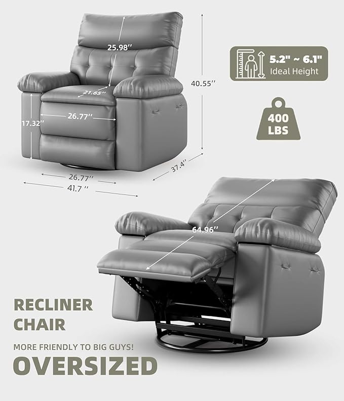 Oversized Wide Rocker Swivel Recliner Chair PU Leather Manual Recliner for Adults Large Nursery Glider Chair with Comfortable Arms &amp Back for Living Room BedroomGray