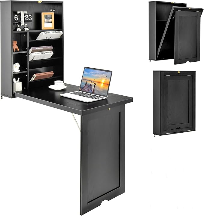 Wall Mounted Desk Wood Collapsible Floating Desk Convertible Computer Desk with Storage Area Hanging Fold Out Table for Home Office Small Spaces (Black)