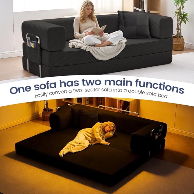 Folding Sofa Bed Convertable Corduroy Couch King Size Floor Sleeper 4-in-1 DIY Combination Modular Sofa Fold Out Futon Lounge Comfy Foldable Lazy cama for Living Room (Black 80.15)