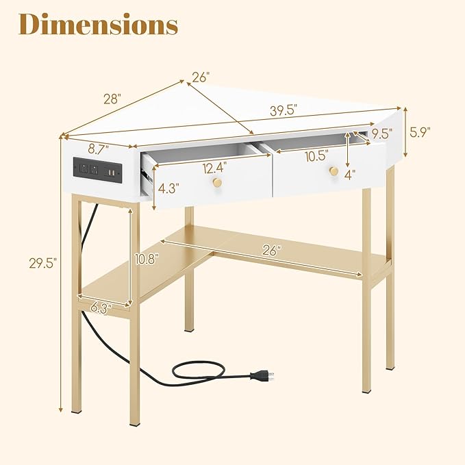 Tangkula Corner Desk with 2 Drawers &amp Built-in Charging Station 90 Degrees Triangle Corner Computer Desk for Small Space Bedroom Makeup Vanity Desk with Storage Shelves Corner Desk (Gold &amp
