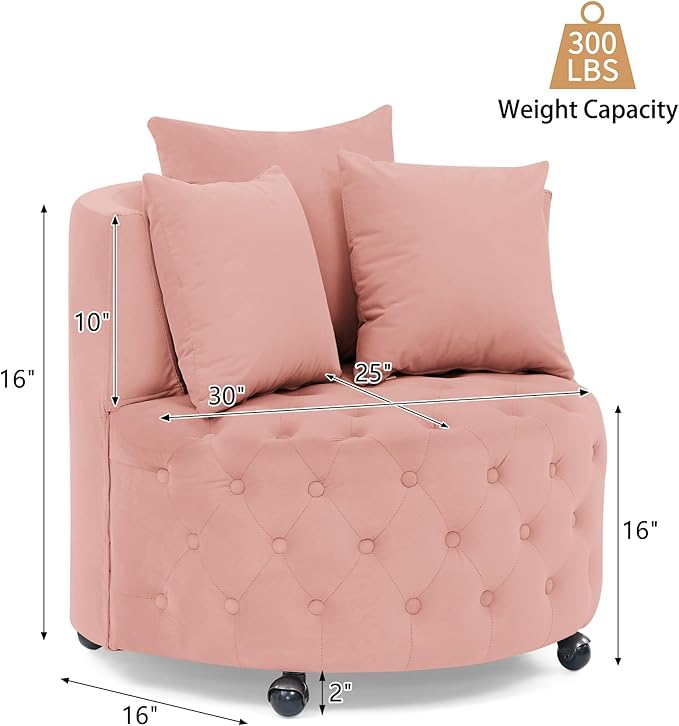 GNIXUU Swivel Barrel Accent Chair 30” Modern Velvet Round Sofa Chair with 3 Pillows and Wheels Comfy Tufted Club Lounge Chair for Living Room Bedroom(Pink).