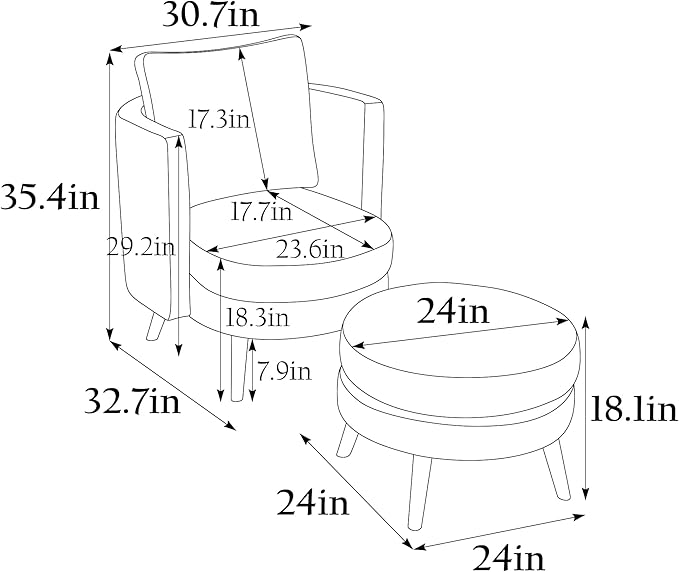 30.7 Wide Accent Chair with Ottoman Armchair Upholstered Reading Chair Single Sofa with Wooden Leg and Throw Pillow for Living Room Bedroom Dorm Room Office Mustard Polyester Blend