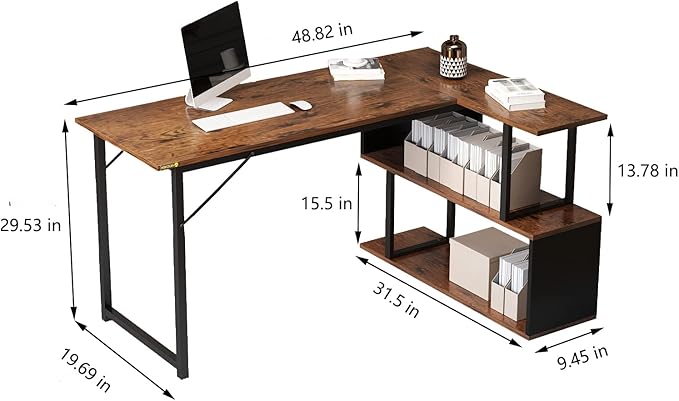 48.8in Compact L-Shaped Computer Desk with 2-Tier Storage Shelf Sturdy Construction Ideal for Home Offices and Gaming Rooms Brown