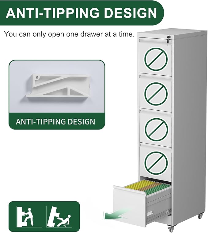 5 Drawer File Cabinet with Lock Metal Mobile Filing Cabinets Office Home Metal Vertical Storage Cabinet for A4 Legal/Letter Size LockedAssembly Required (White 5 Drawer)