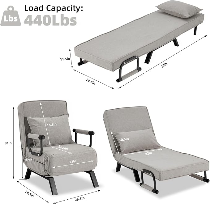 Convertible Sofa Bed Sleeper ChairSingle Person Chaise Lounge Couch with PillowUpholstered Lazy Bed with 6 Angles Adjustable BackrestFolding Sofa Arm Chair for Apartment/Office/Home (Light Gray)