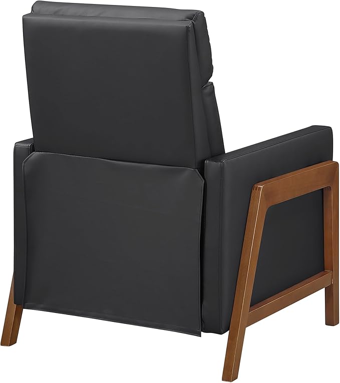 Lexicon Push Back Recliner Chair Faux Leather Upholstered Reclining Chair with Footrest Exposed Dark Brown Finish Wood Frame Small Recliner for Small Space Living Room Bedroom Black