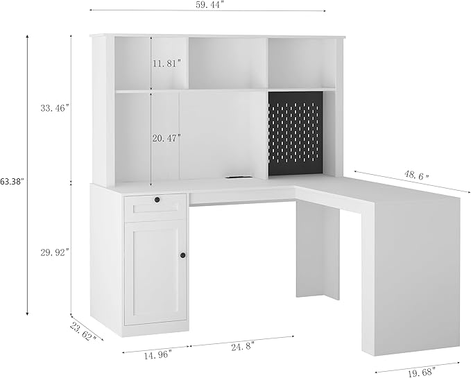 L Shaped Computer Desk with Pegboard &amp Charging StationHome Office Corner Desk with Drawer Bookshelf &amp Hutch Writing Desk with StorageComputer Desk for BedroomOfficeLiving Room (White)