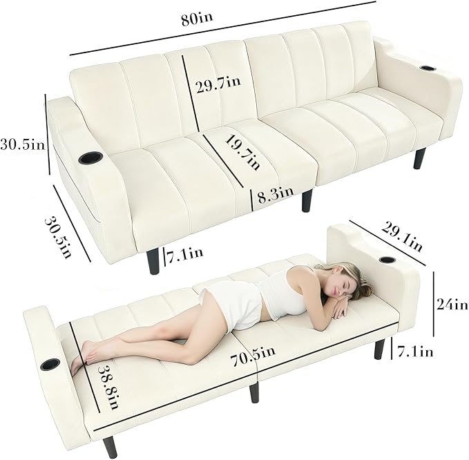 Brelice Futon Sofa Bed 80 Sleeper Loveseat Futon Couch with Cup Holders &amp Side Pockets Velvet Sofa Cama for Living Room and Small SpaceOff-White