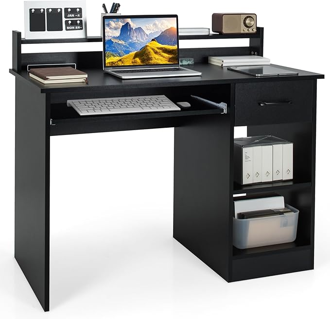 GOFLAME Computer Desk Home Office Desk with Large Drawers Hutch Keyboard Tray 5-Position Adjustable Open Shelves Easy Assembly Writing Desk for Bedroom Small Space Living Room Black