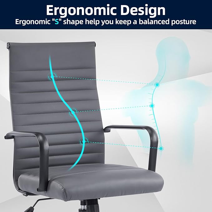Office Chair Ergonomic Executive Conference Room Chairs Ribbed Leather Desk Chair with Lumbar Support Adjustable Height Mid-Back Swivel Chair with Padded Seat